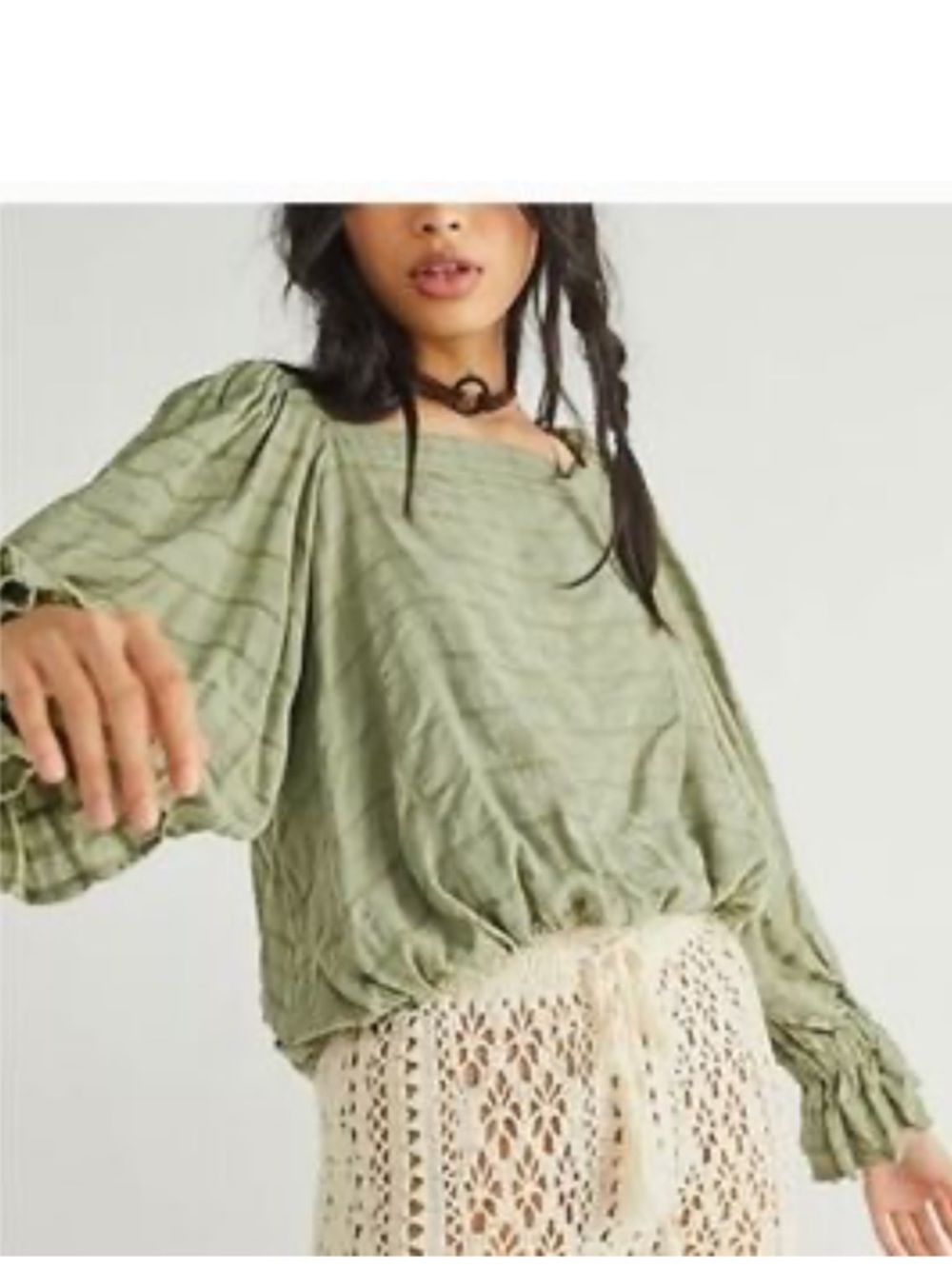 Free People Sage Green Balloon-Sleeve Blouse